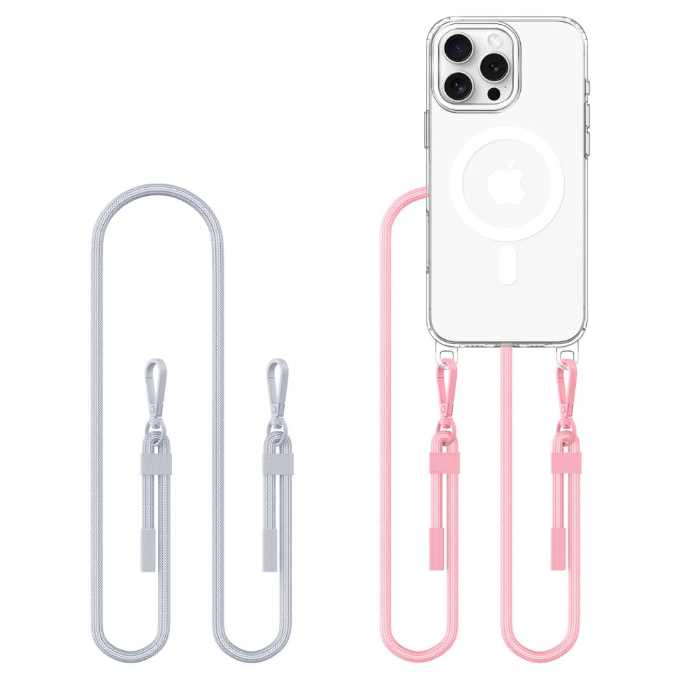 Tech-Protect Flexair Chain MagSafe Case til iPhone 16 Pro - Clear + 2 Lanyards (Pink og Grå)