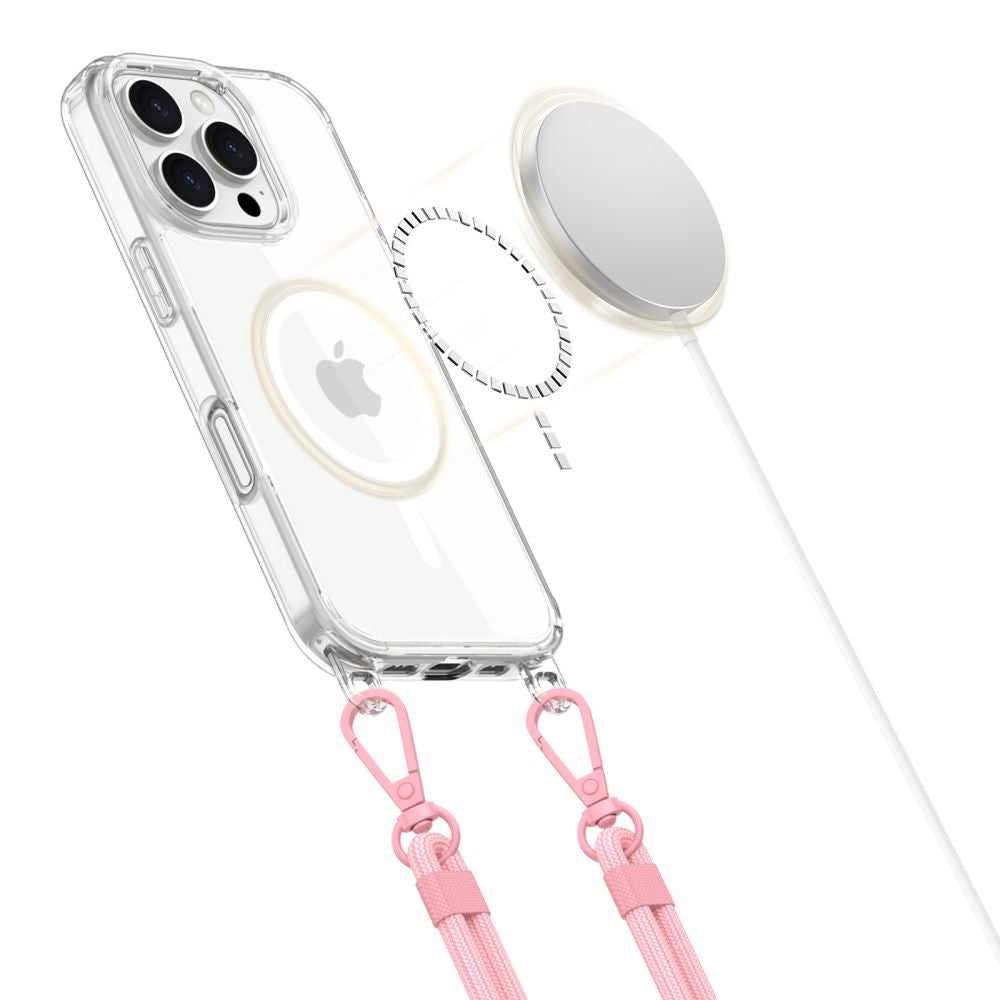Tech-Protect Flexair Chain MagSafe Case til iPhone 16 Pro - Clear + 2 Lanyards (Pink og Grå)