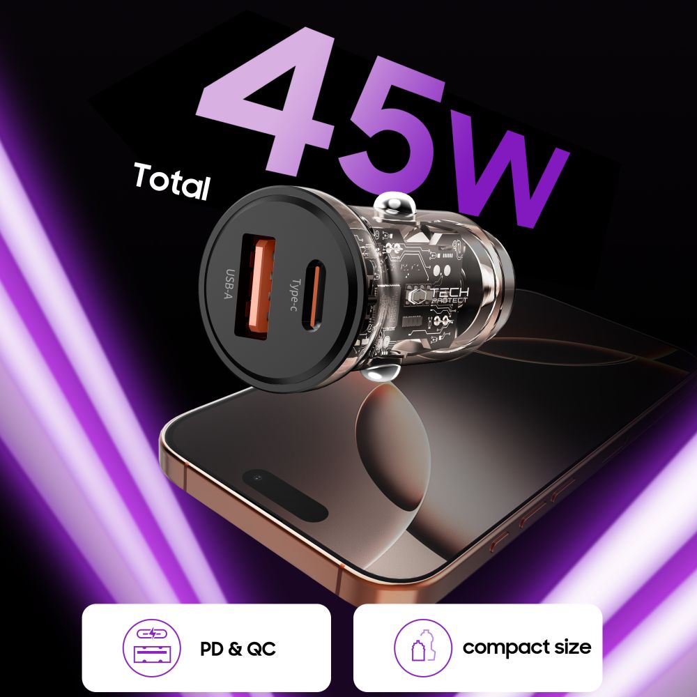 Tech-Protect CC01 45W 2-Port USB-A / USB-C Biloplader - sort