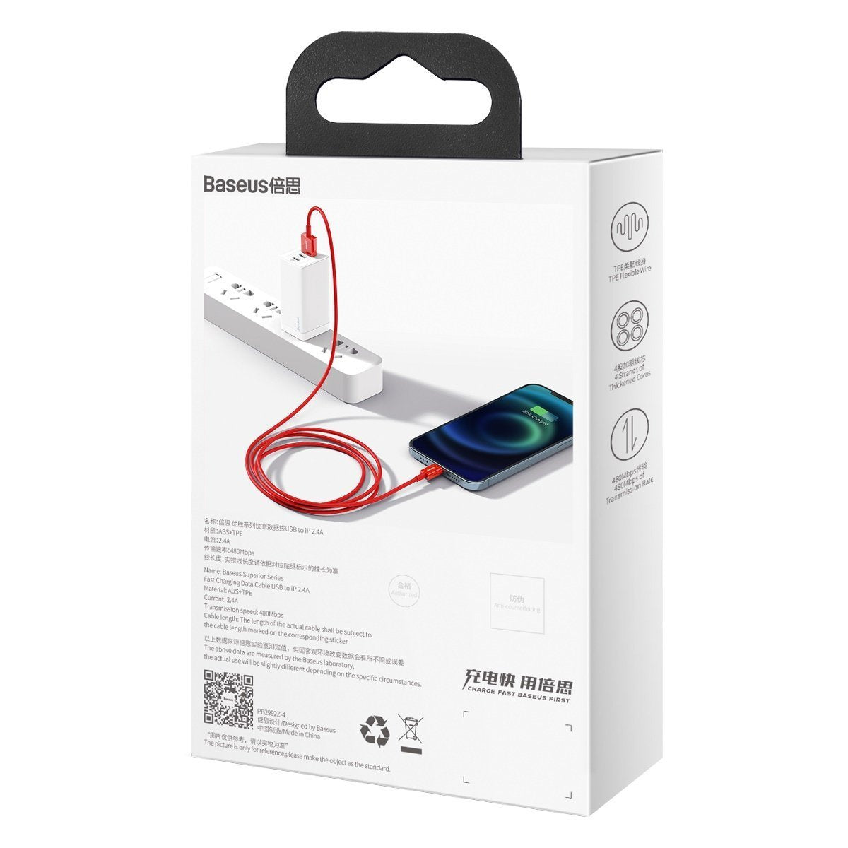 Baseus Superior-serien Kabel USB til iP 2.4A 1m (rødt)