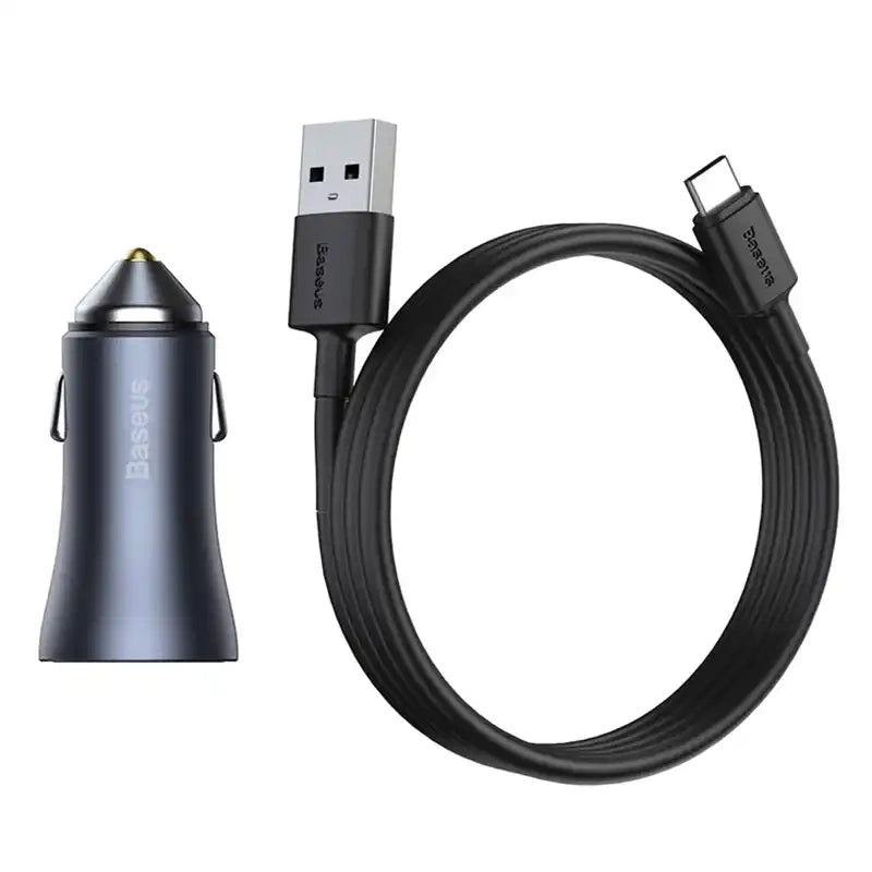 Ładowarka samochodowa Baseus Golden Contactor Pro, USB + USB-C, QC4.0+, PD, SCP, 40W (szara) + kabel USB til USB-C 1m (czarny)