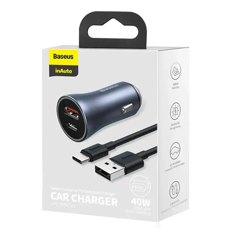 Ładowarka samochodowa Baseus Golden Contactor Pro, USB + USB-C, QC4.0+, PD, SCP, 40W (szara) + kabel USB til USB-C 1m (czarny)