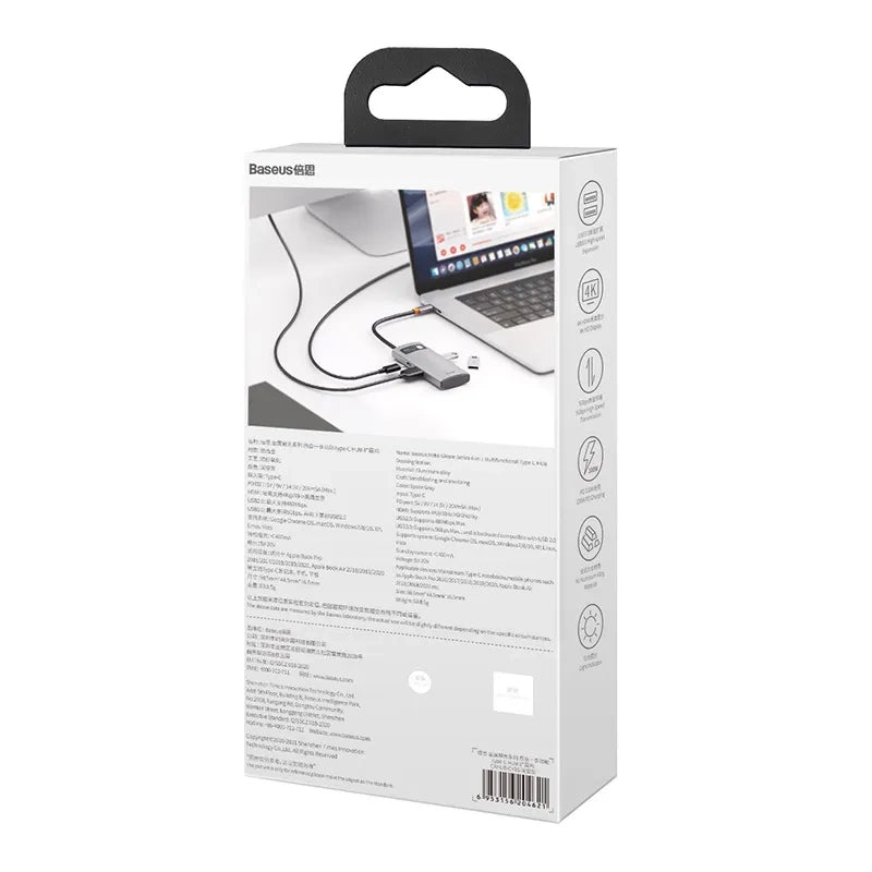 Hub 4in1 Baseus Metal Gleam Series, USB-C til USB 3.0 + USB 2.0 + HDMI + USB-C PD