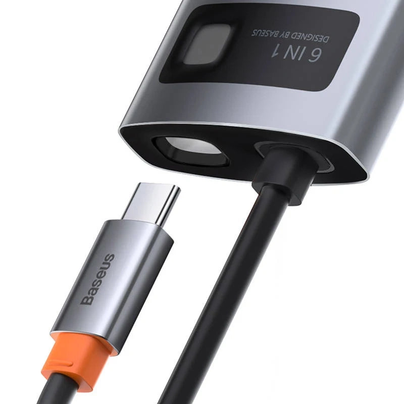 Hub 6in1 Baseus Metal Gleam Series, USB-C til 3x USB 3.0 + HDMI + USB-C PD + Ethernet RJ45