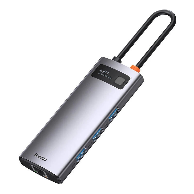 Hub 6in1 Baseus Metal Gleam Series, USB-C til 3x USB 3.0 + HDMI + USB-C PD + Ethernet RJ45