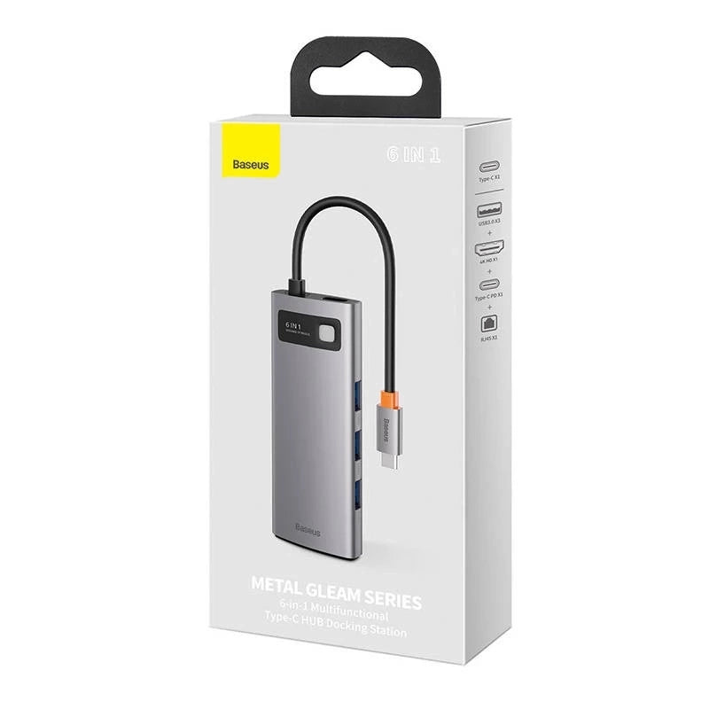 Hub 6in1 Baseus Metal Gleam Series, USB-C til 3x USB 3.0 + HDMI + USB-C PD + Ethernet RJ45