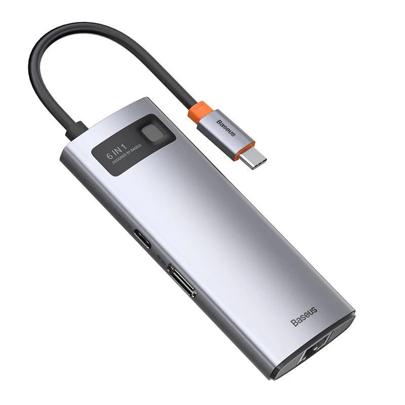 Hub 6in1 Baseus Metal Gleam Series, USB-C til 3x USB 3.0 + HDMI + USB-C PD + Ethernet RJ45
