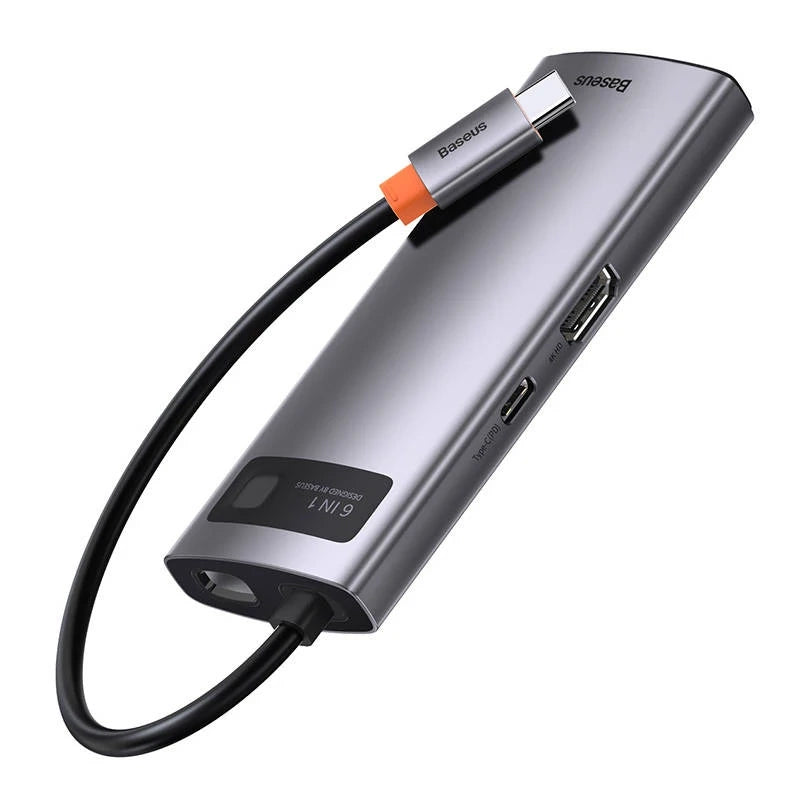 Hub 6in1 Baseus Metal Gleam Series, USB-C til 3x USB 3.0 + HDMI + USB-C PD + Ethernet RJ45