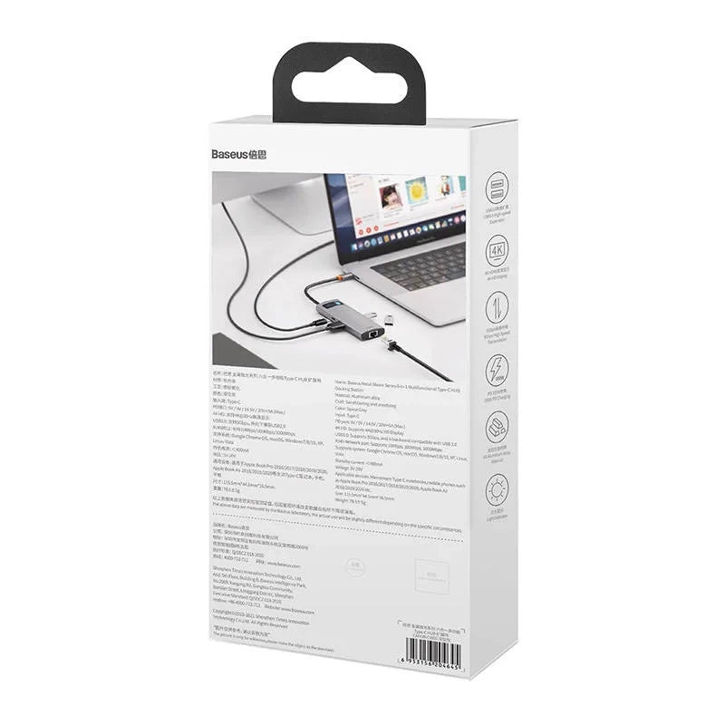 Hub 6in1 Baseus Metal Gleam Series, USB-C til 3x USB 3.0 + HDMI + USB-C PD + Ethernet RJ45