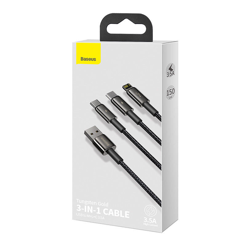 USB-kabel 3in1 Baseus Tungsten Gold, USB til mikro USB / USB-C / Lightning, 3,5 A, 1,5 m (sort)