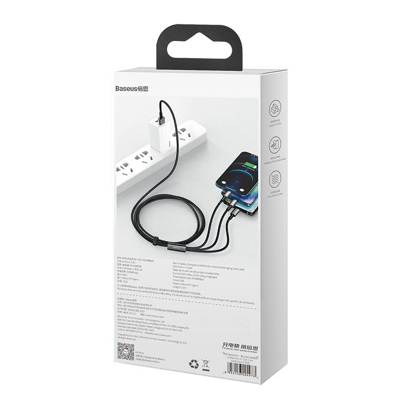 USB-kabel 3in1 Baseus Tungsten Gold, USB til mikro USB / USB-C / Lightning, 3,5 A, 1,5 m (sort)