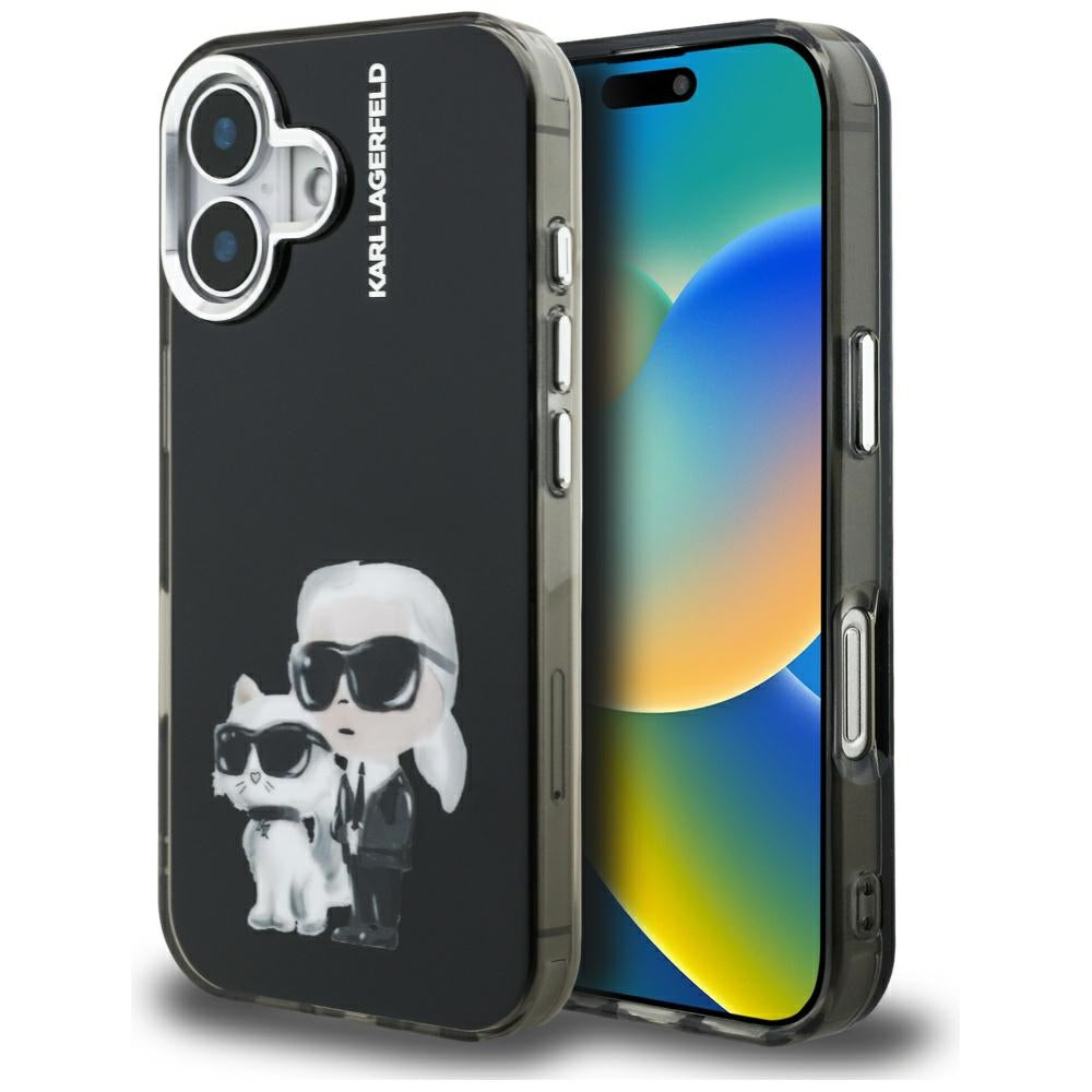 Karl Lagerfeld IML Aquarelle Karl & Choupette & Logo iPhone 16 Case - Black