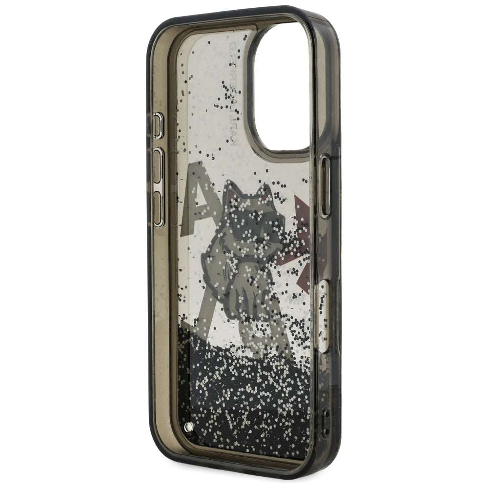 Karl Lagerfeld Liquid Glitter Choupette Logo iPhone 16 Case - Black