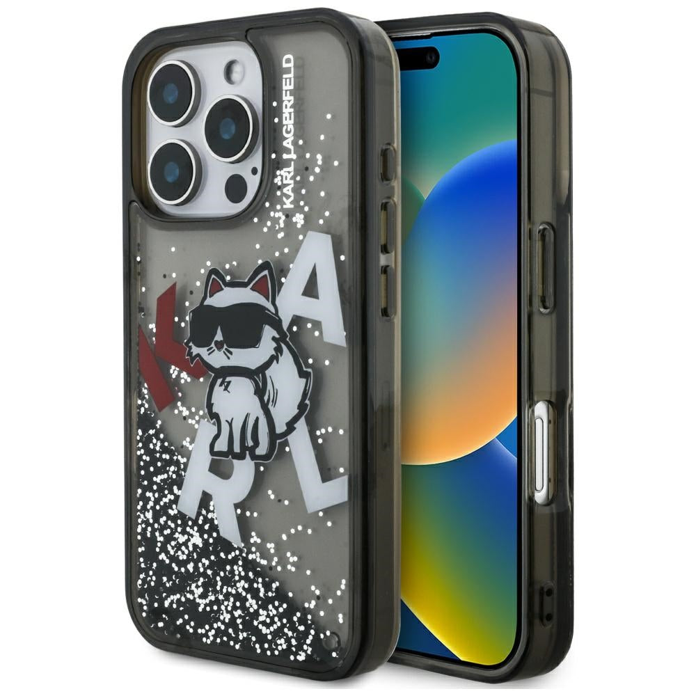 Karl Lagerfeld Liquid Glitter Choupette Logo Case for iPhone 16 Pro Max - Black