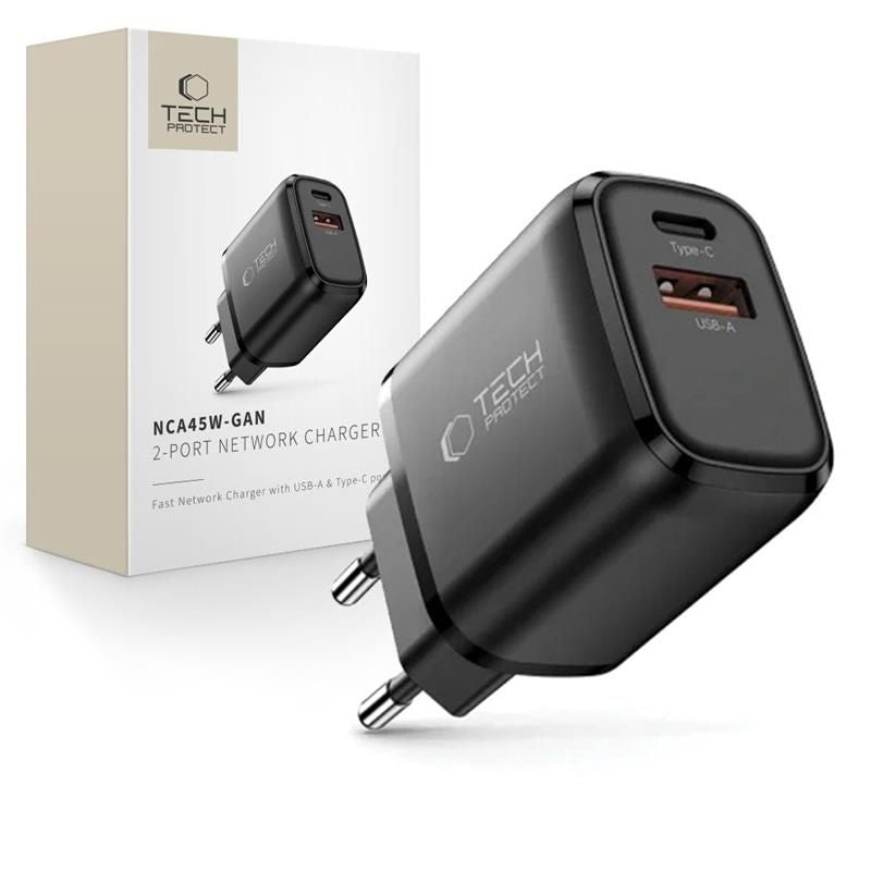 Tech-Protect NCA45W-GAN 2-Port USB-C / USB-A 45W Wall Charger - sort