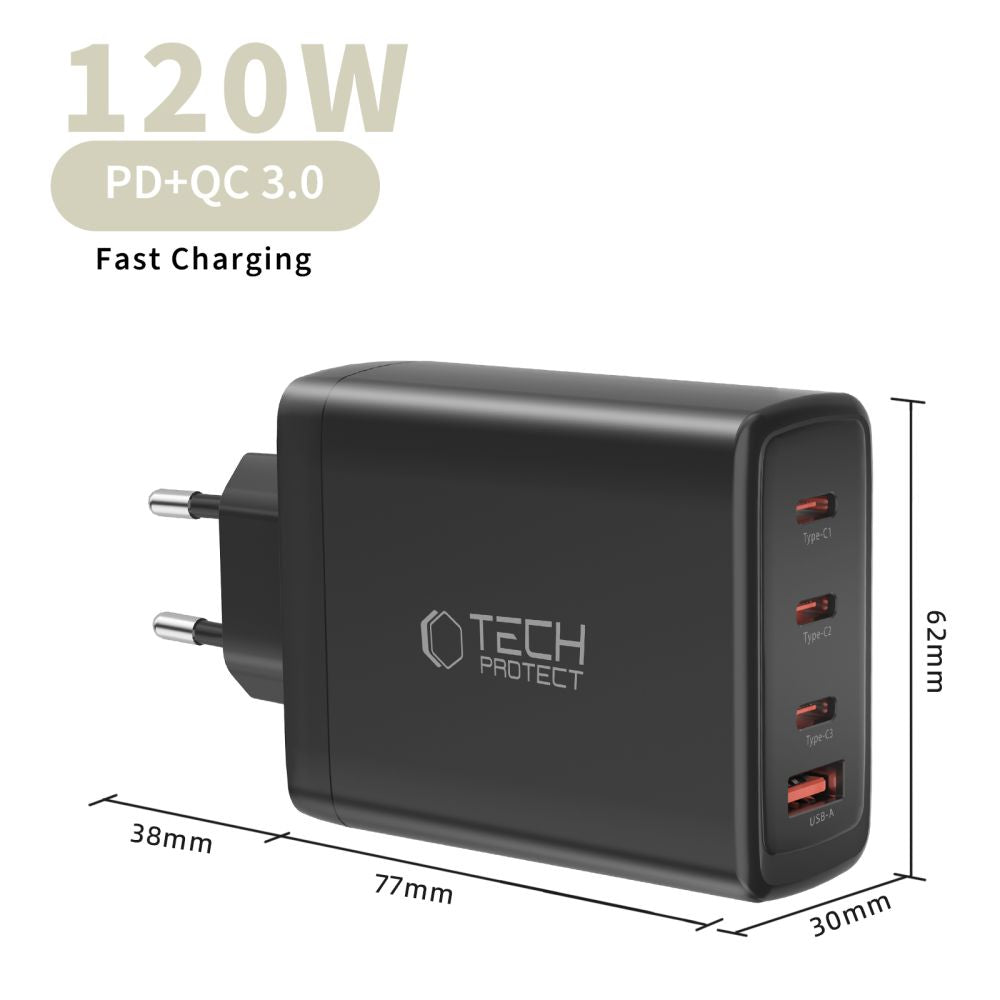 Tech-Protect NC120W-GAN 4-port 120W vægoplader - sort