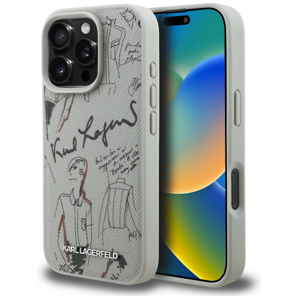 Karl Lagerfeld Grained Pattern & Logo MagSafe Case til iPhone 16 Pro Max - Grå
