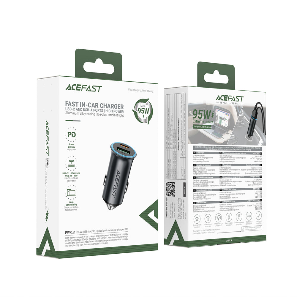 Acefast B16 95W USB-A + USB-C Biloplader - Grå