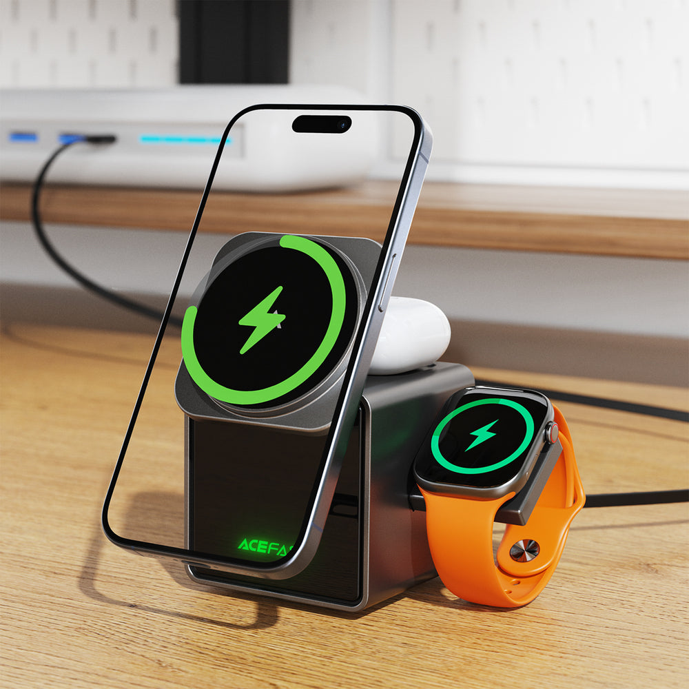 Acefast E34 22.5W 3-in-1 inductive charger with built-in cable for smartphone and smartwatch - gray