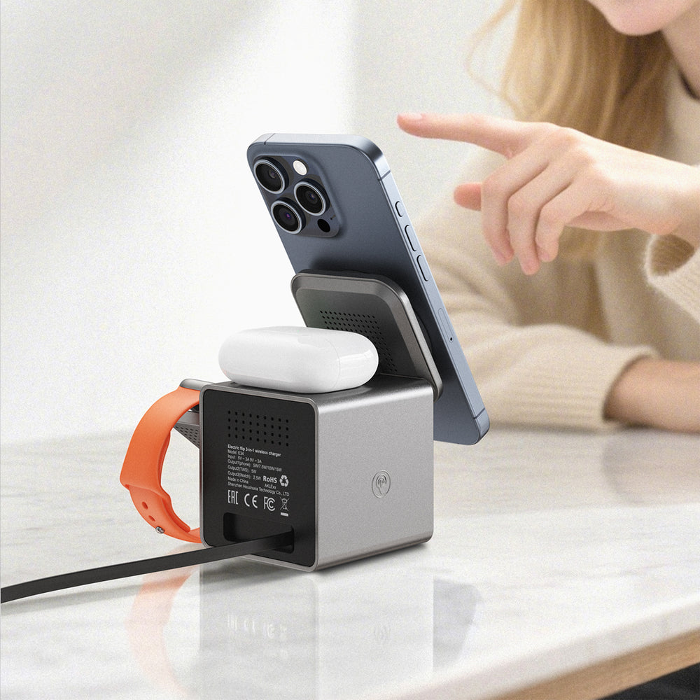 Acefast E34 22.5W 3-in-1 inductive charger with built-in cable for smartphone and smartwatch - gray
