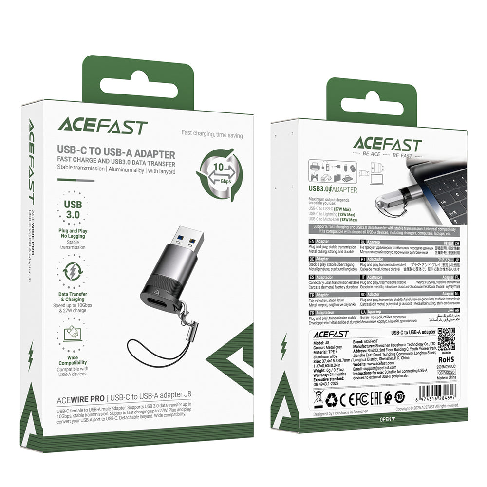 Acefast J8 USB-C - USB-A Adapter - Grå
