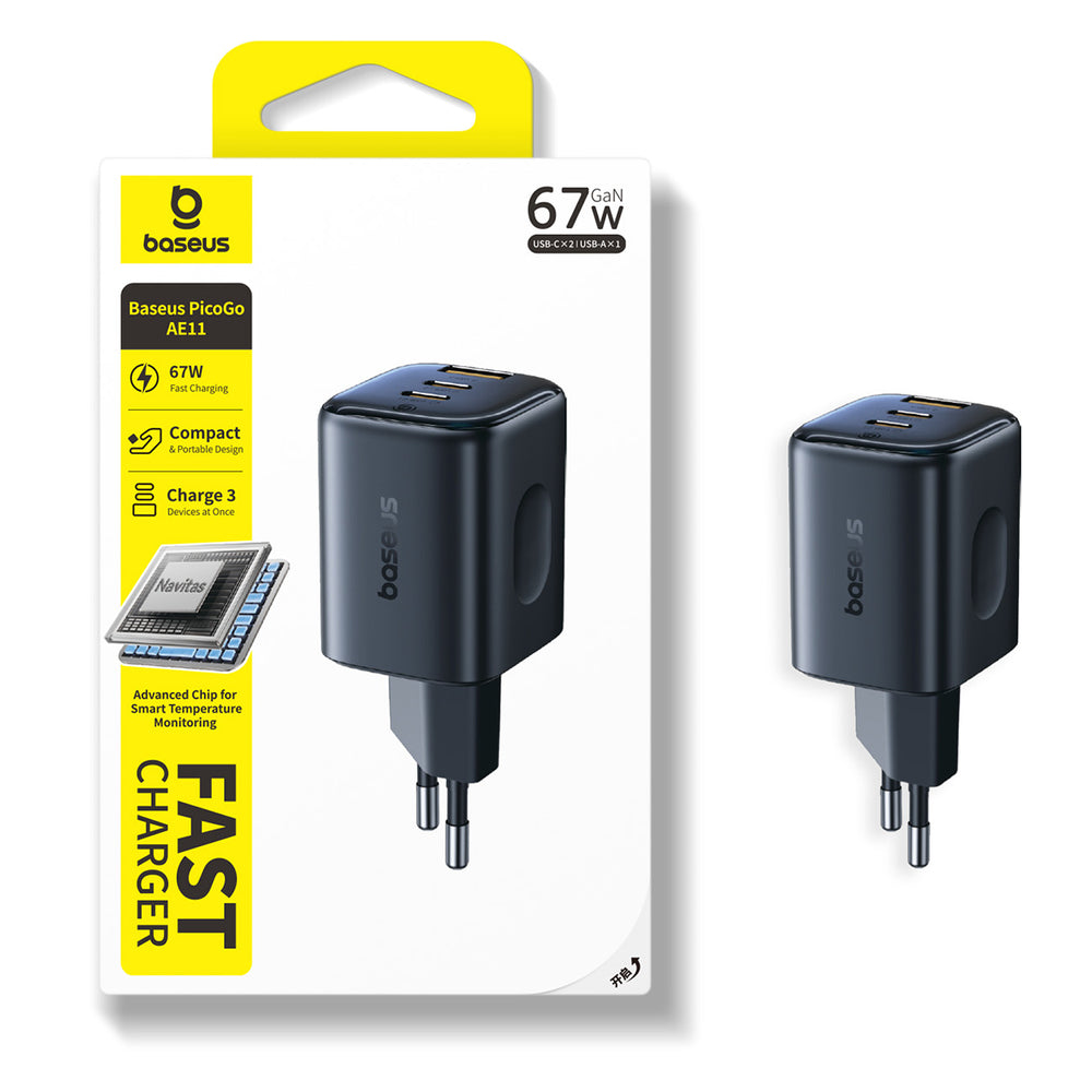 Baseus PicoGo AE11 67W Wall Charger with Two USB-C Ports and a USB-A Port - Black