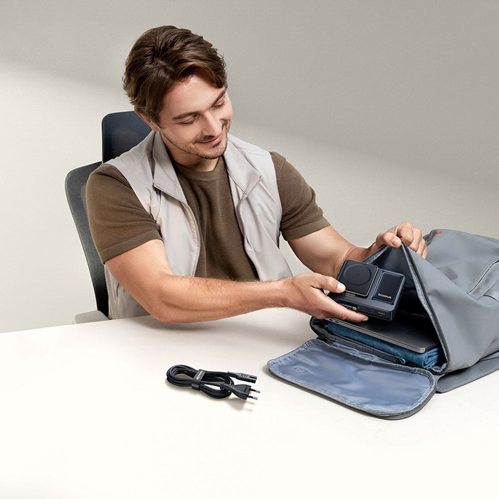 Baseus NOMOS 140W Qi2 5-in-1 Wireless Charging Station with Retractable USB-C Cable and Digital Display - Black