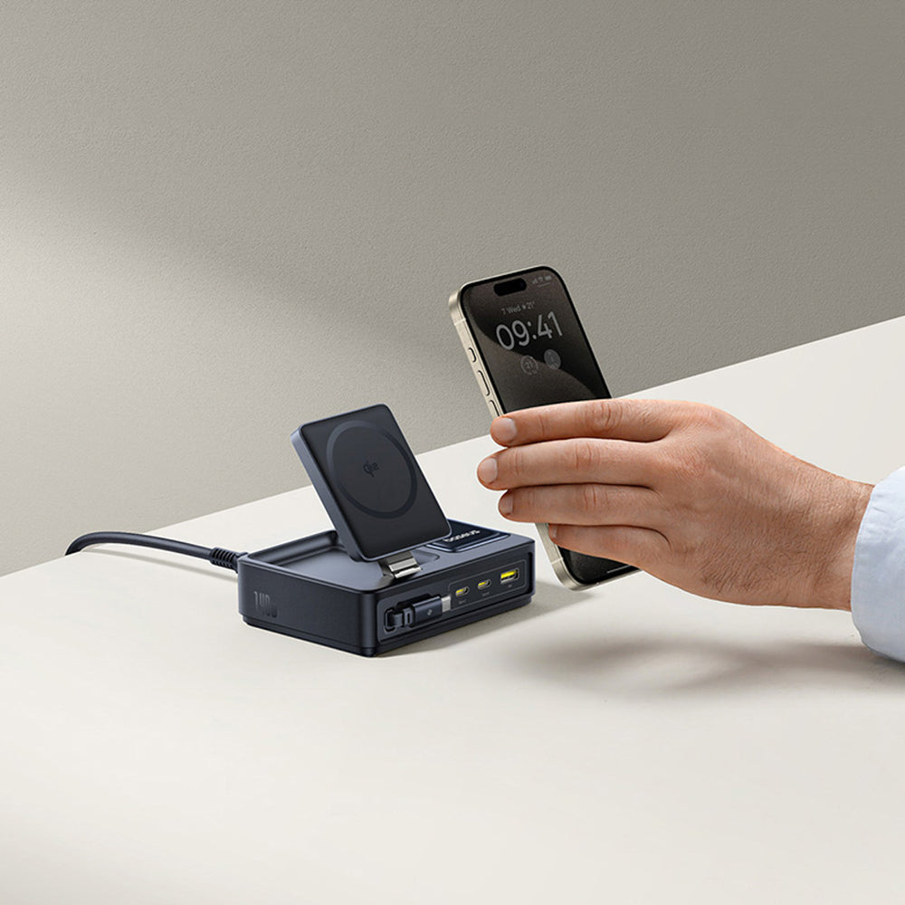 Baseus NOMOS 140W Qi2 5-in-1 Wireless Charging Station with Retractable USB-C Cable and Digital Display - Black