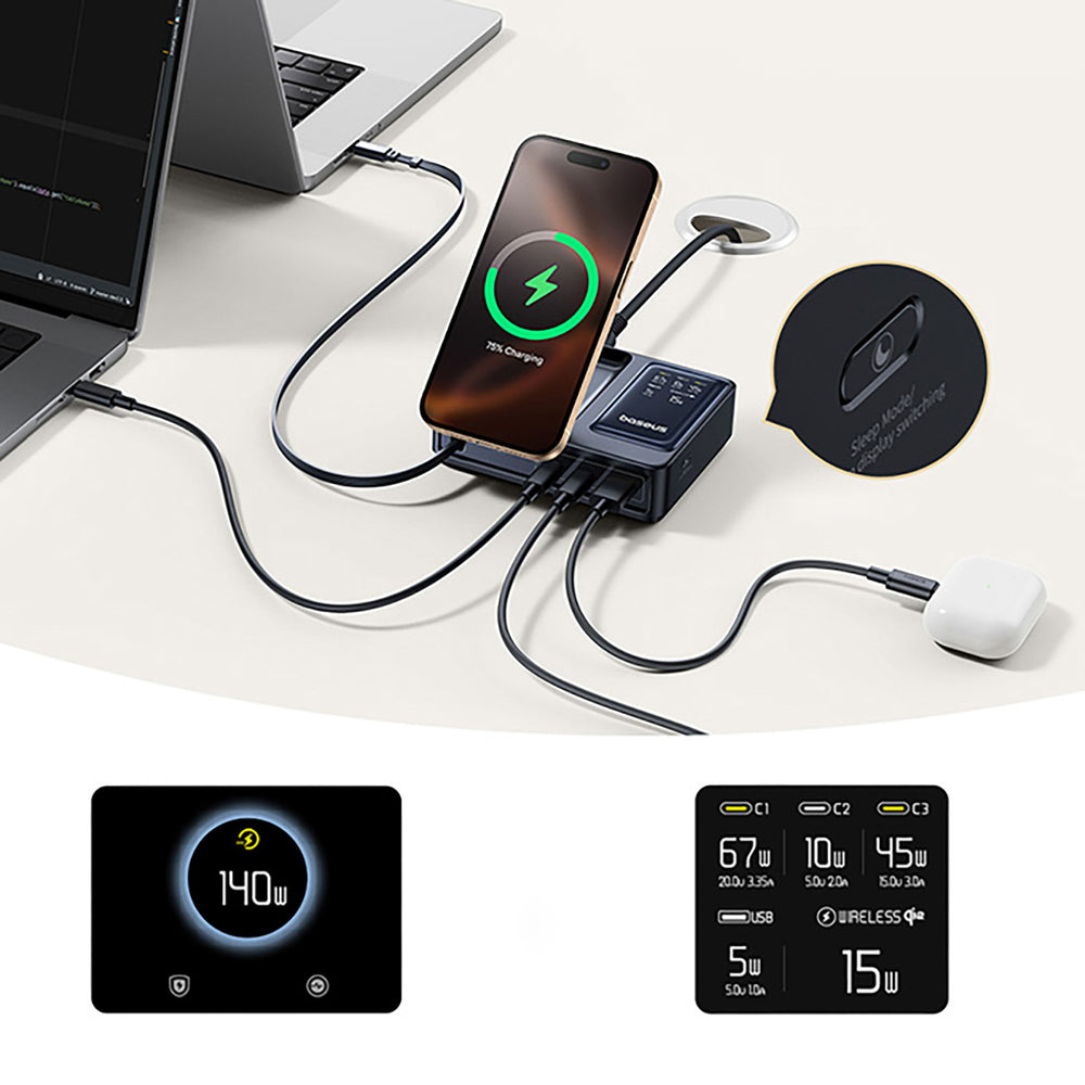 Baseus NOMOS 140W Qi2 5-in-1 Wireless Charging Station with Retractable USB-C Cable and Digital Display - Black