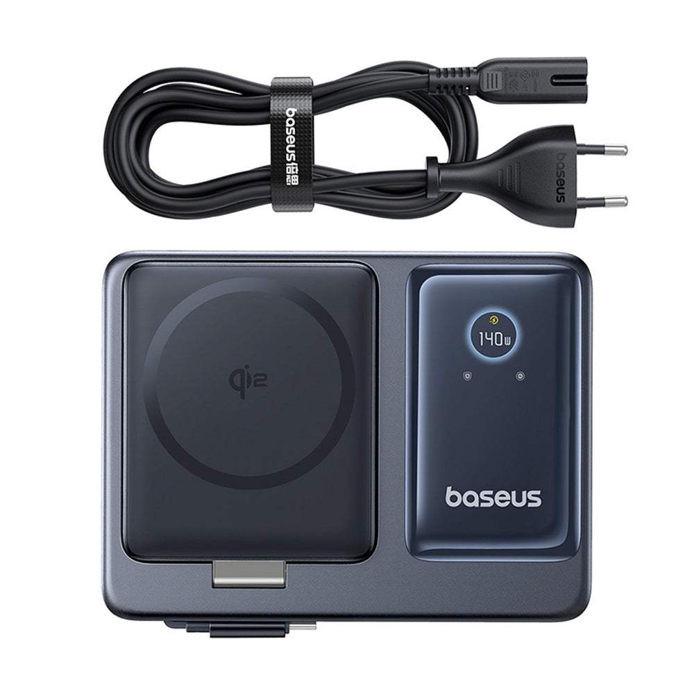 Baseus NOMOS 140W Qi2 5-in-1 Wireless Charging Station with Retractable USB-C Cable and Digital Display - Black