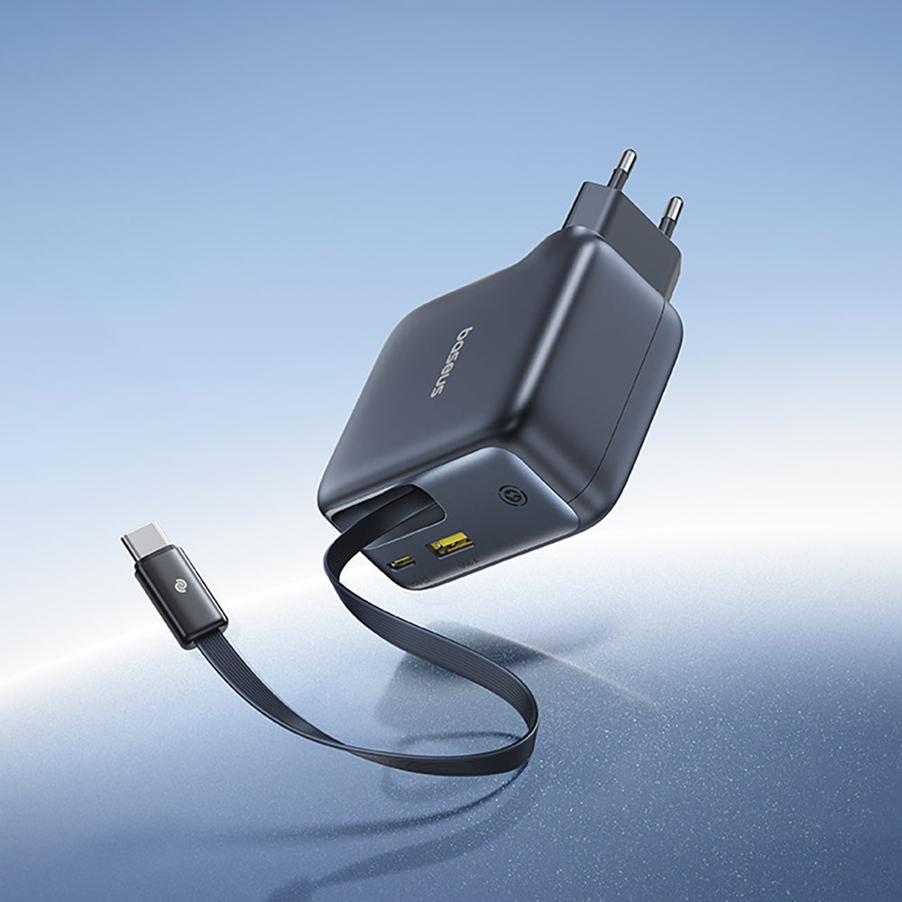 Baseus EnerCore CJ11 100W Wall Charger with USB-A and USB-C Ports and Retractable USB-C Cable - Black