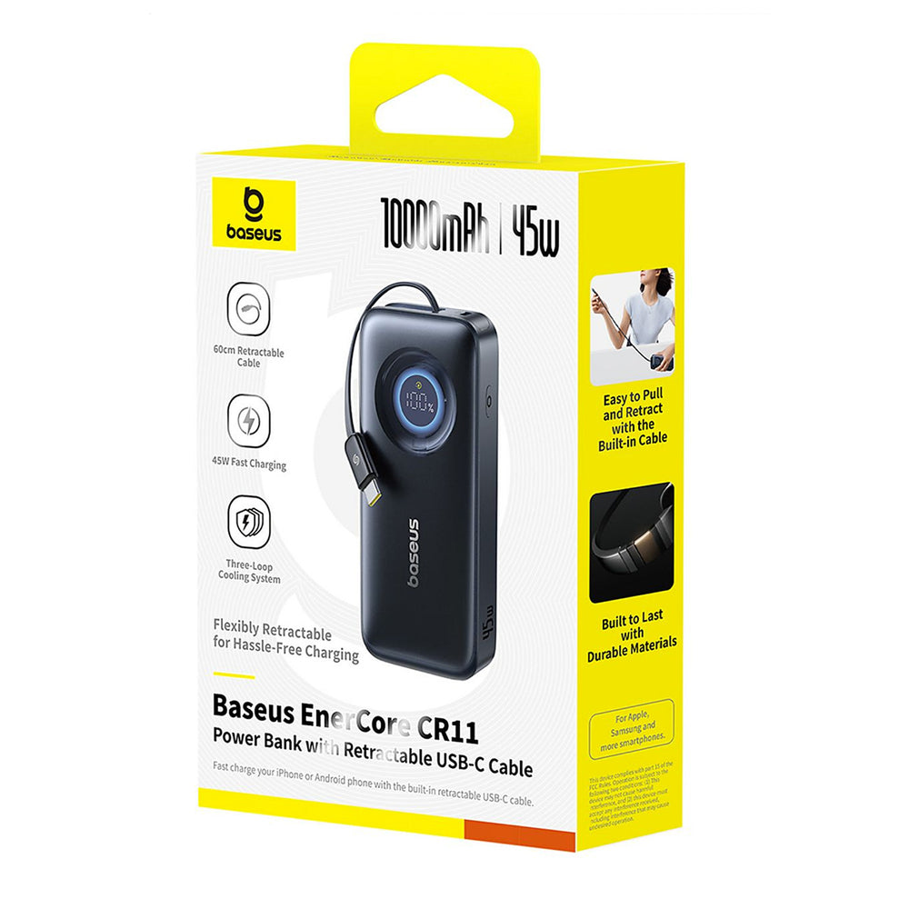 Baseus EnerCore CR11 10000mAh 45W Power Bank with Retractable USB-C Cable - Black