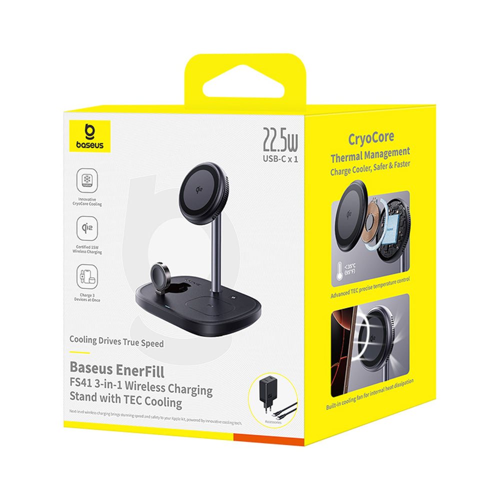 Baseus EnerFill FS41 3-in-1 Cooling Wireless Charger with EU Plug 45W and USB-C to USB-C Cable - Black