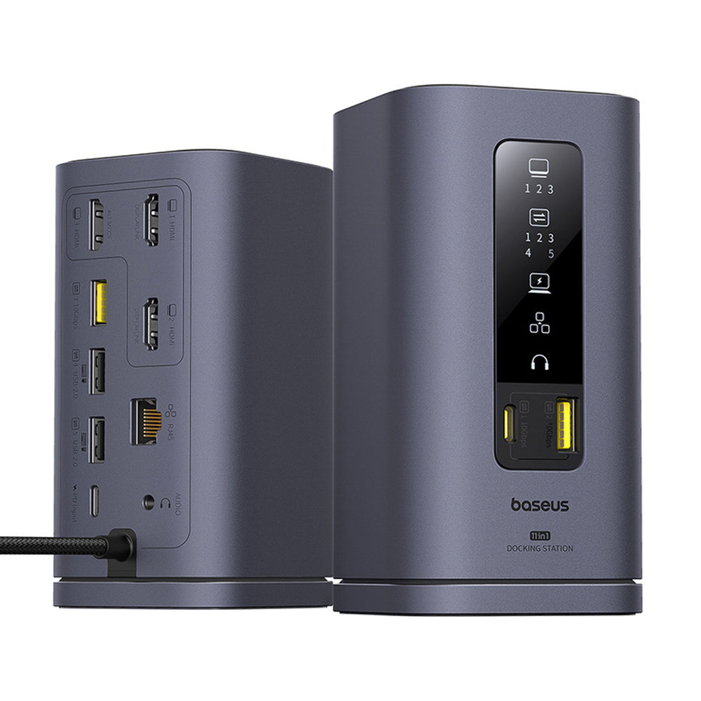 Baseus Spacemate hub USB-C 11in1 docking station 3xHDMI 4K 60Hz + 2xUSB-A (10Gb/s) + 1xUSB-C (10Gb/s) + RJ45 + 2xUSB-A (480Mb/s) + 1xUSB-C (PD) + 1xMinijack 3.5mm - gray