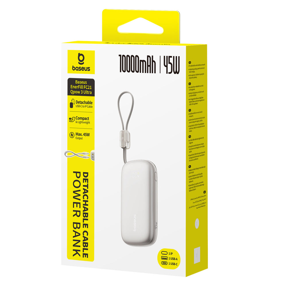 Baseus EnerFill FC21 Qpow 3 Ultra 10000mAh 45W Power Bank with Digital Display and Detachable USB-C - Lightning Cable - Titanium