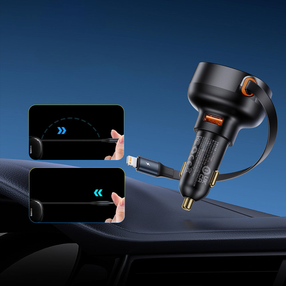 Baseus Enjoyment Pro 55W USB-A Car Charger with Retractable Lightning Cable - Black