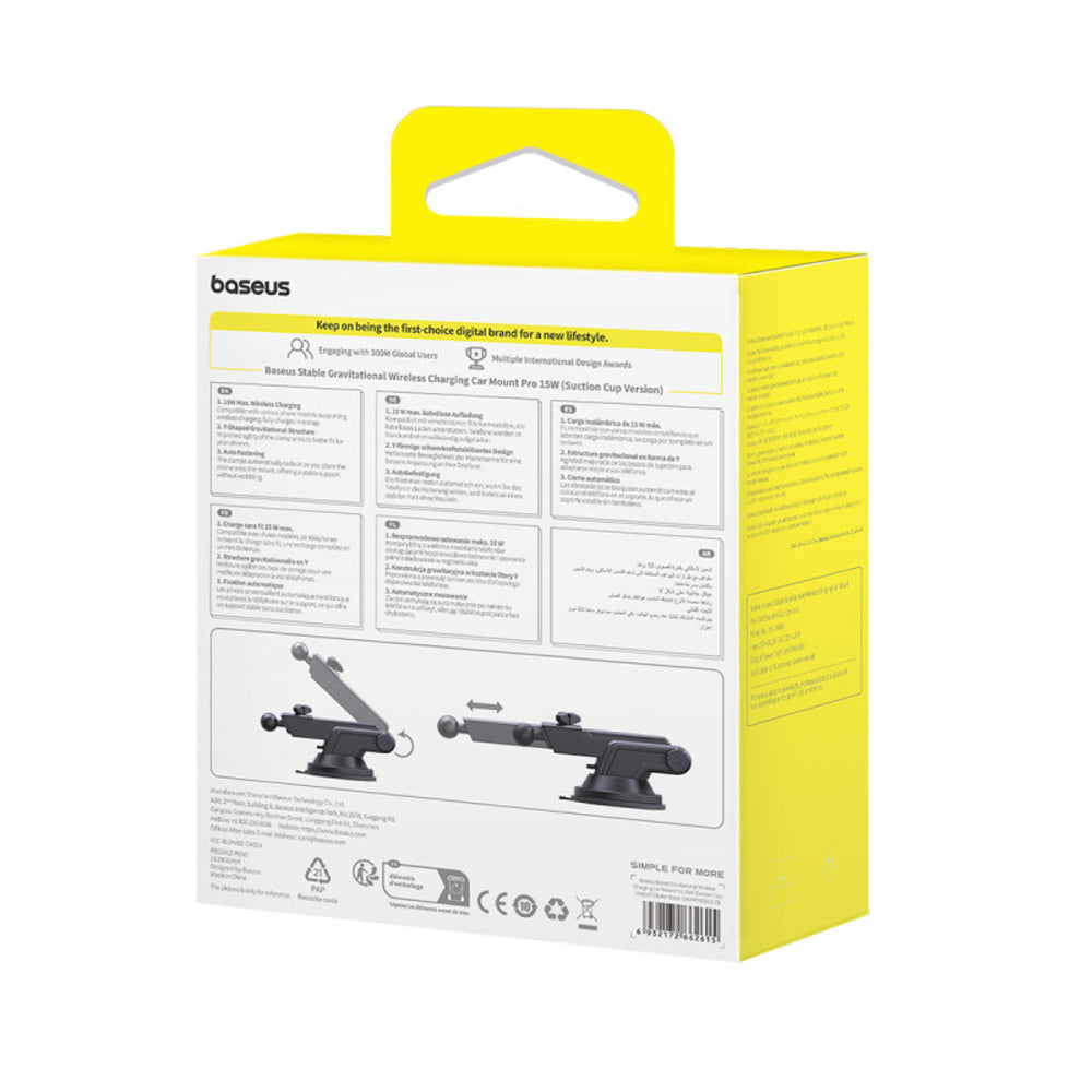 Baseus Stable Car Holder with 15W Inductive Charger, Gravity, and Suction Cup - Black