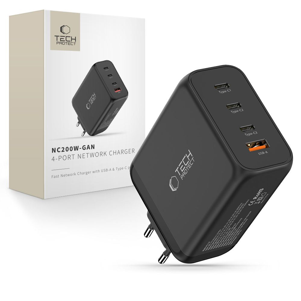 Tech-Protect NC200W-GaN 4-port 200W vægoplader - sort