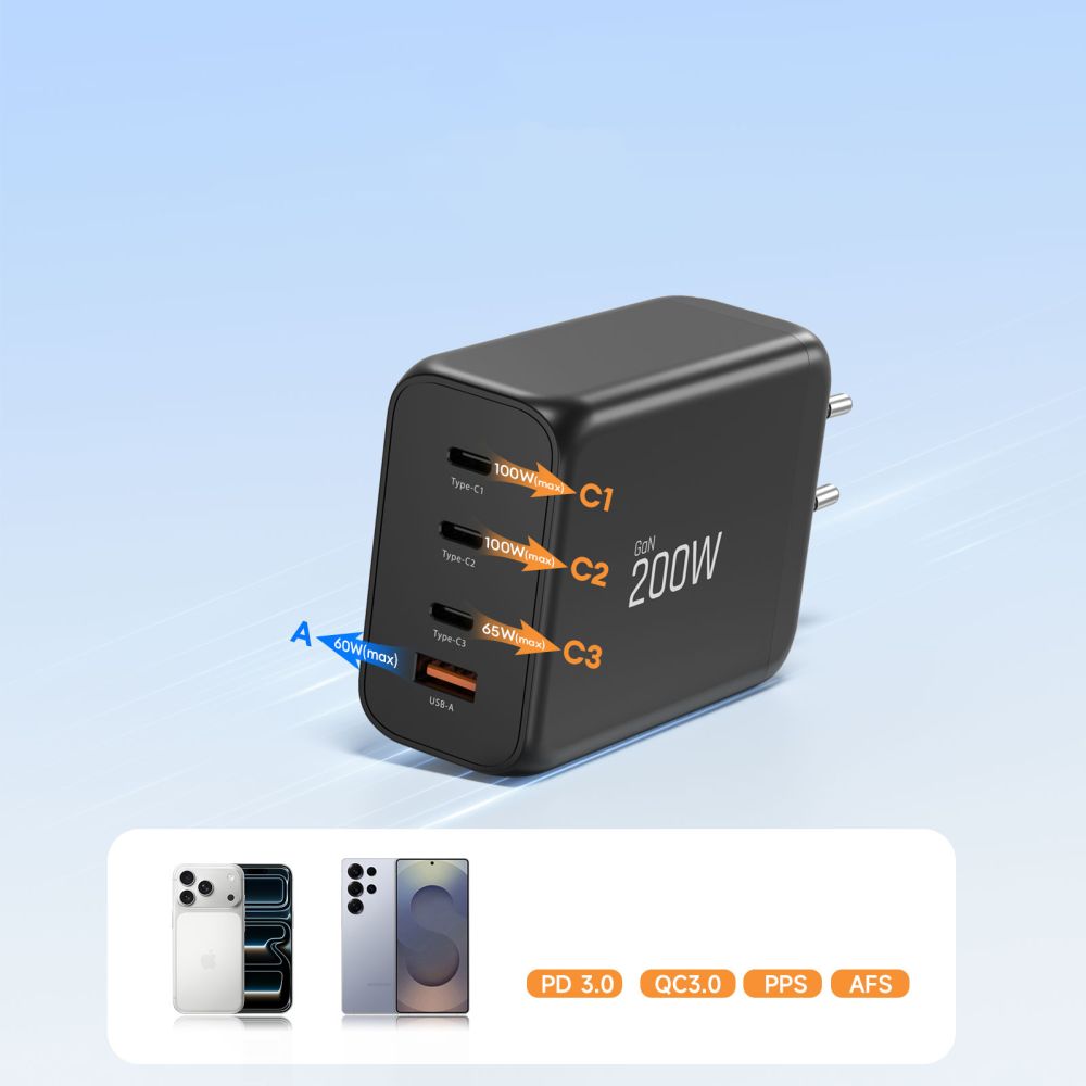 Tech-Protect NC200W-GaN 4-port 200W vægoplader - sort