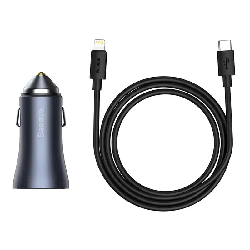 Ładowarka samochodowa Baseus Golden Contactor Pro, USB + USB-C, QC4.0+, PD, SCP, 40W (szara) + kabel USB-C til iP 1m (czarny)