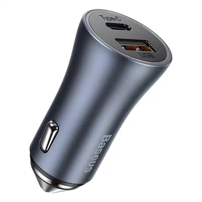 Ładowarka samochodowa Baseus Golden Contactor Pro, USB + USB-C, QC4.0+, PD, SCP, 40W (szara) + kabel USB-C til iP 1m (czarny)