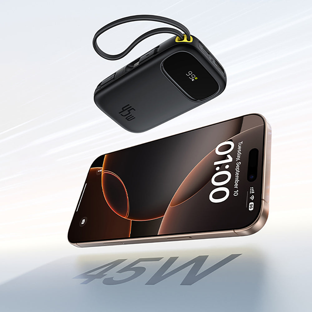 Baseus EnerFill FC31 QPow3 20000mAh 45W Power Bank with Digital Display with 2 Built-in USB-C Cables - Black