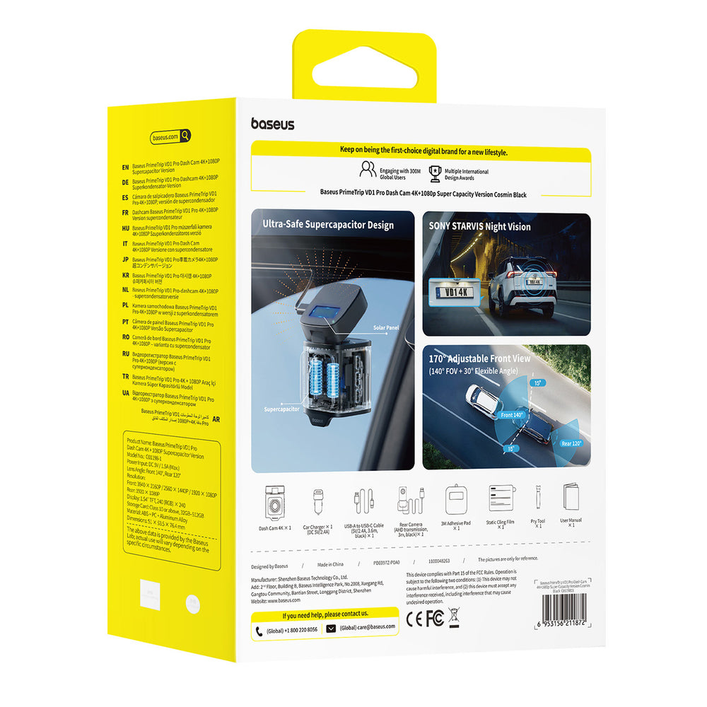 Baseus PrimeTrip VD1 Pro 4K Car Dash Cam with 1080p Rear Camera and Power Kit - Black