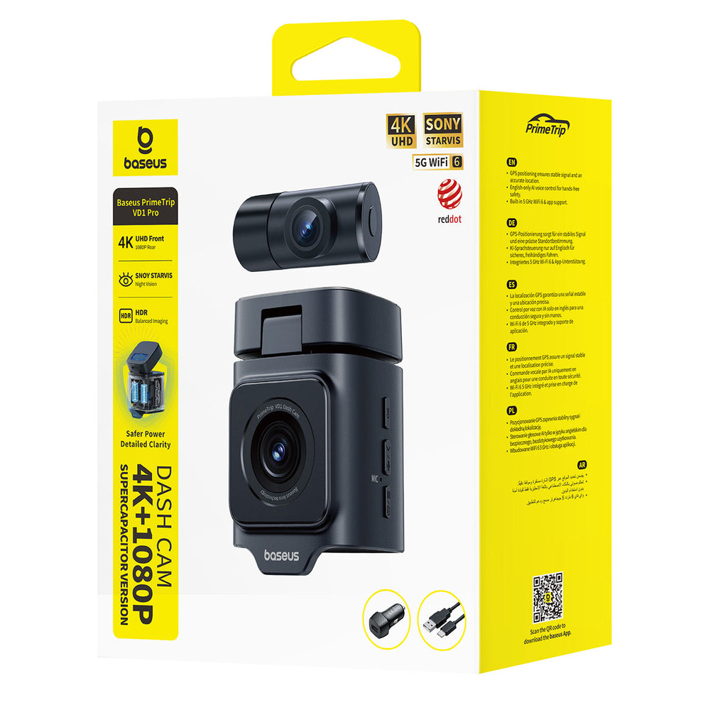 Baseus PrimeTrip VD1 Pro 4K Car Dash Cam with 1080p Rear Camera and Power Kit - Black