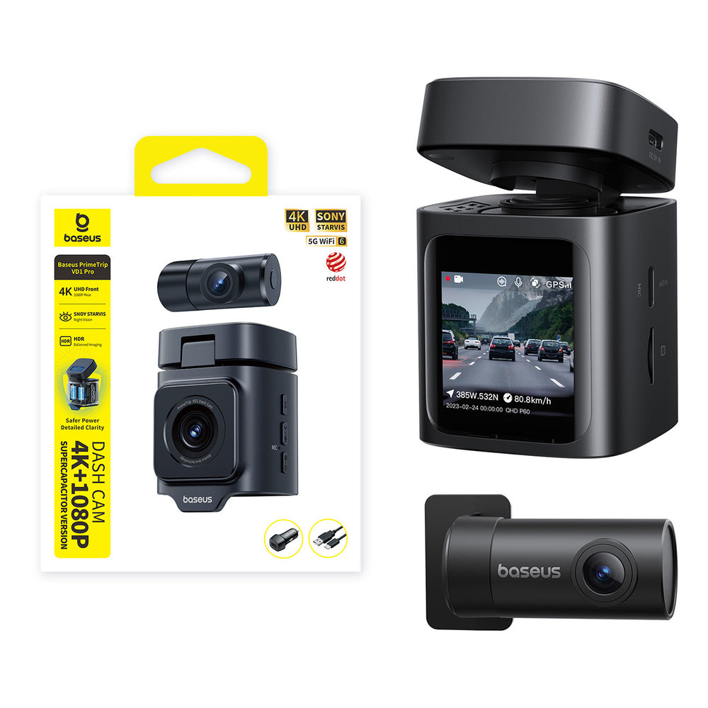 Baseus PrimeTrip VD1 Pro 4K Car Dash Cam with 1080p Rear Camera and Power Kit - Black
