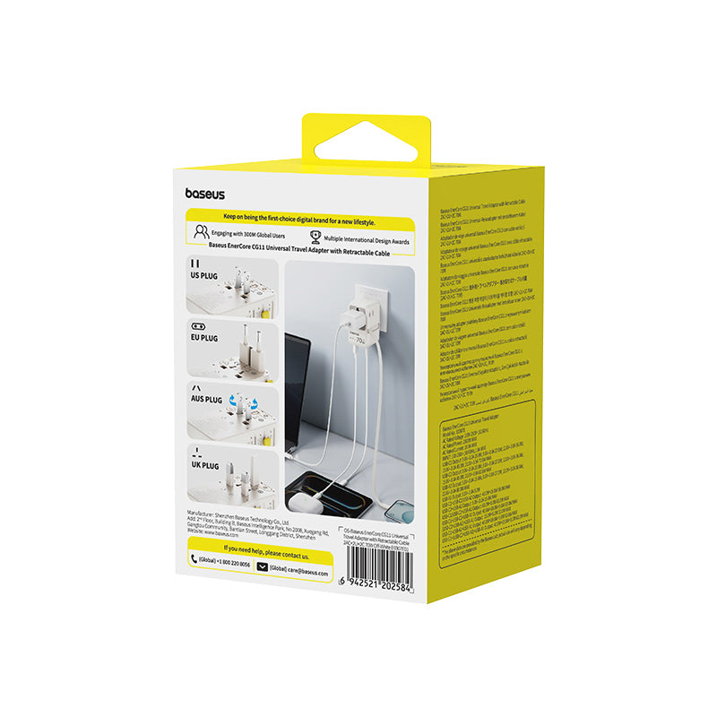 Baseus EnerCore CG11 70W 6-in-1 Travel Adapter with Retractable USB-C Cable - White
