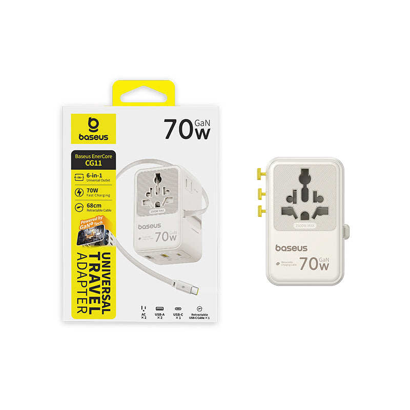 Baseus EnerCore CG11 70W 6-in-1 Travel Adapter with Retractable USB-C Cable - White