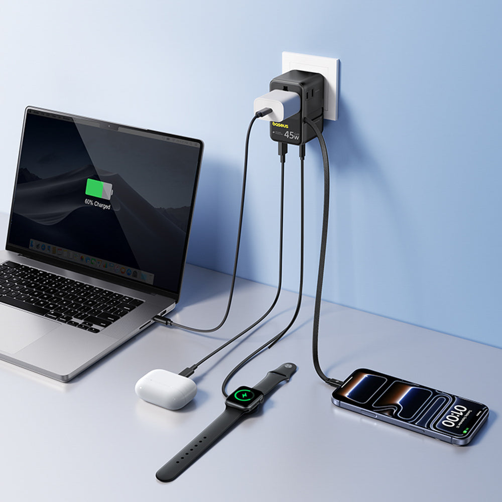 Baseus PicoGo AG11 45W 6-in-1 Travel Adapter with Retractable USB-C Cable - Black