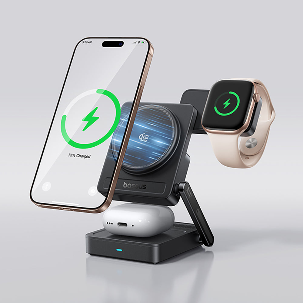 Baseus PicoGo AF21 3in1 Qi2.2 35W Wireless Charger with 45W EU Power Adapter and 1m USB-C Cable - Black