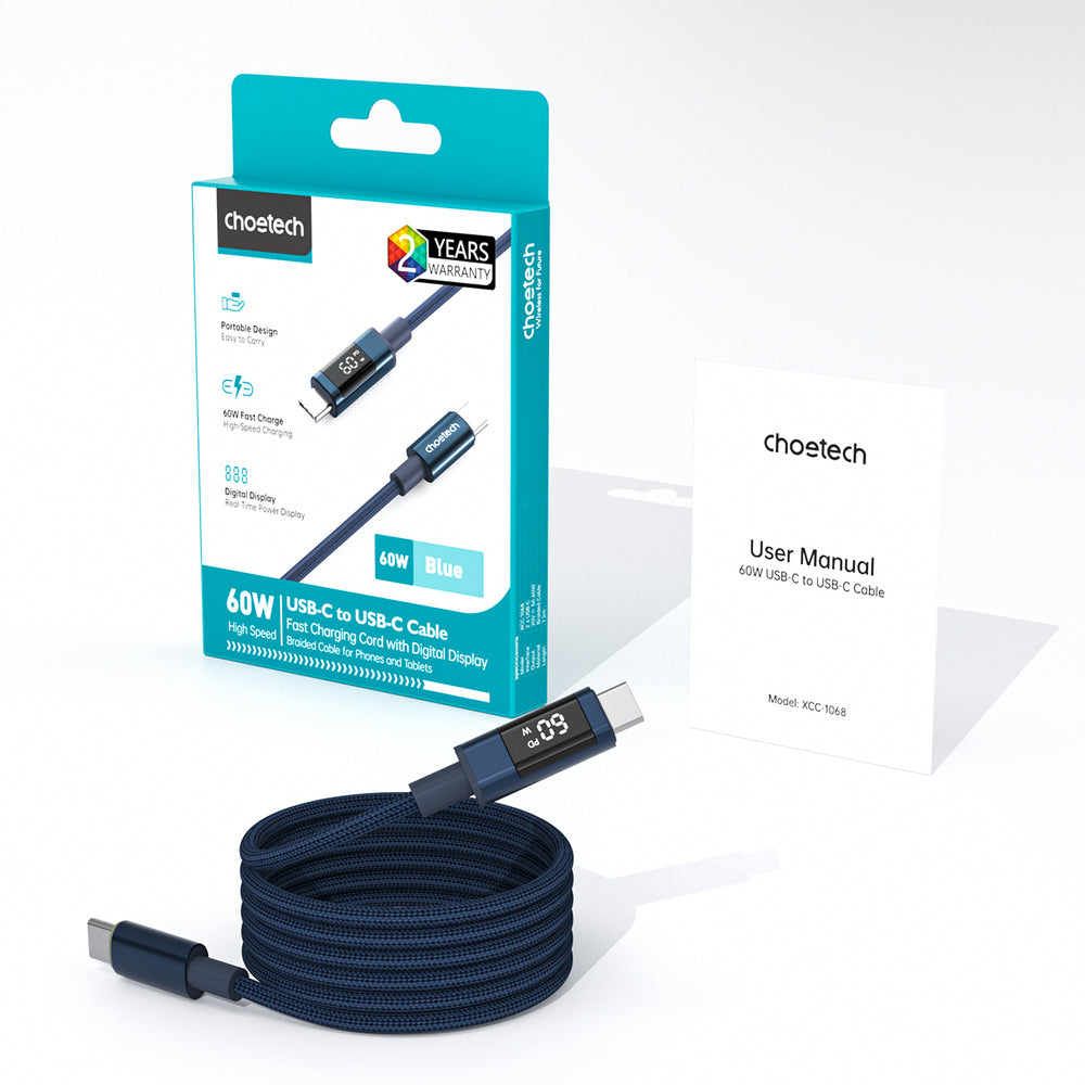 Choetech XCC-1068 PD 60W USB-C - USB-C Cable with Display 1.2 m - Blue